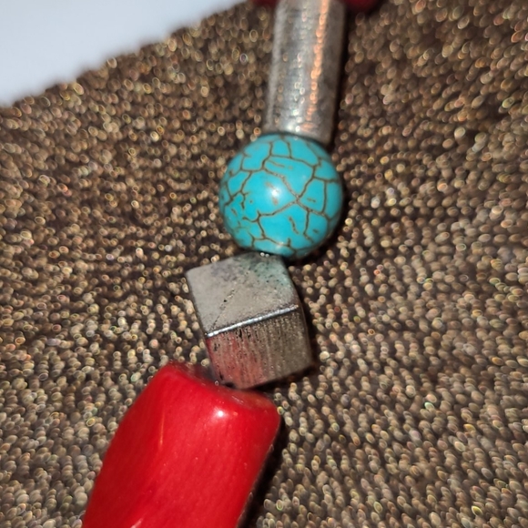 Faux Coral, Turquoise & Silvertone & Bead Necklace - Picture 4 of 9